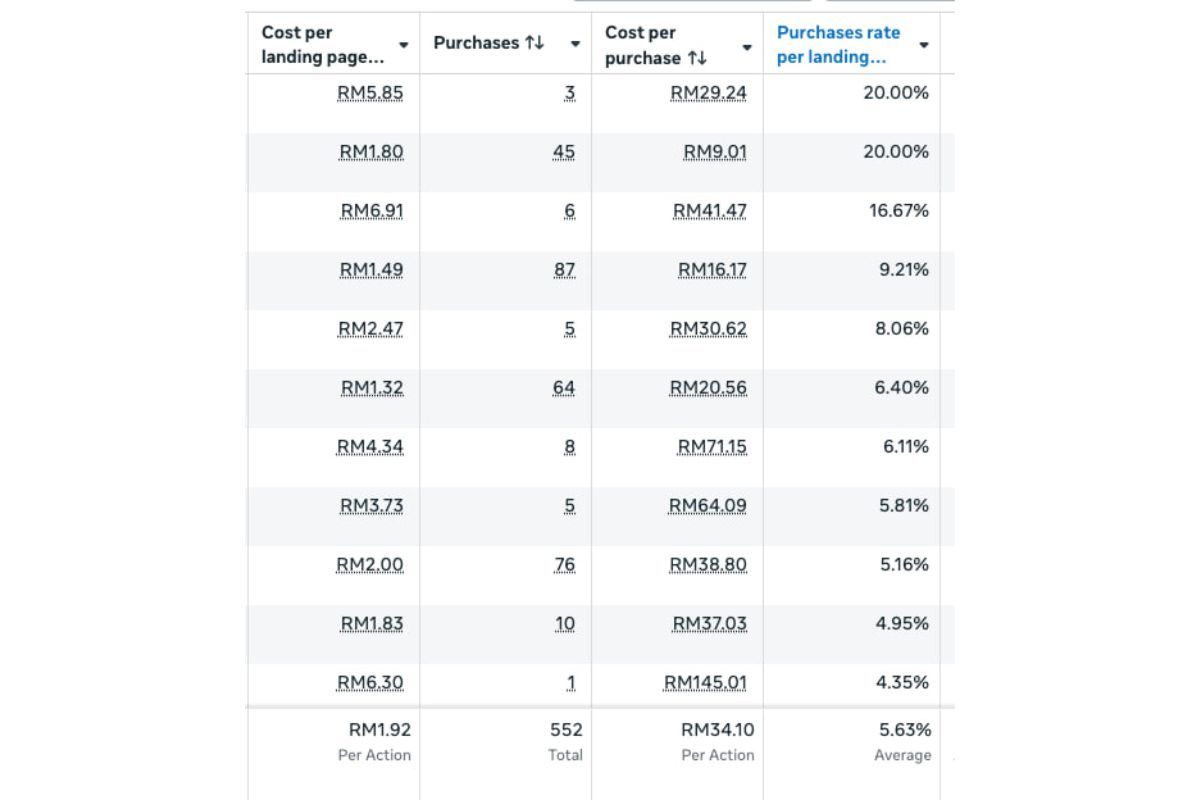 Purchases rate per landing page view — 20.00% tertinggi, 5.63% purata, 552 purchases